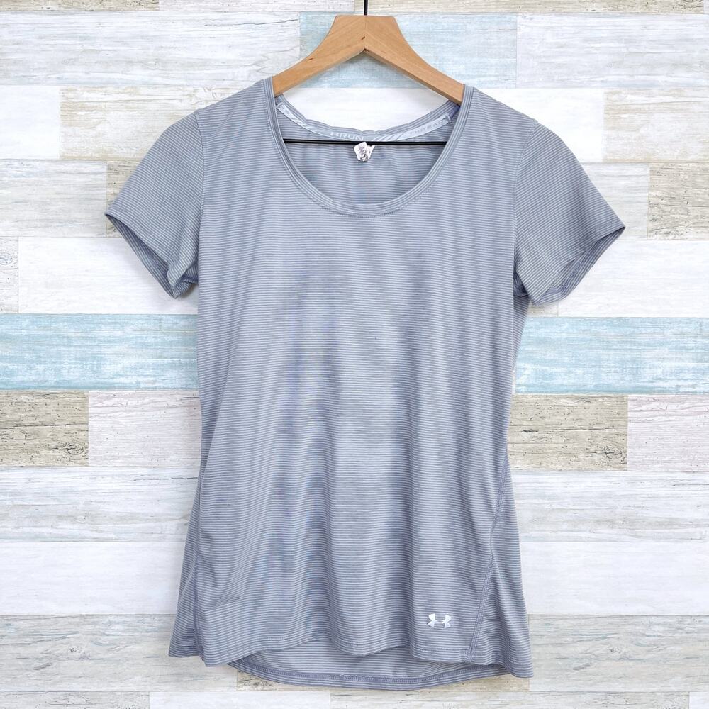 Under Armour Streaker Short Sleeve Shirt Gray Striped Activewear Womens Small